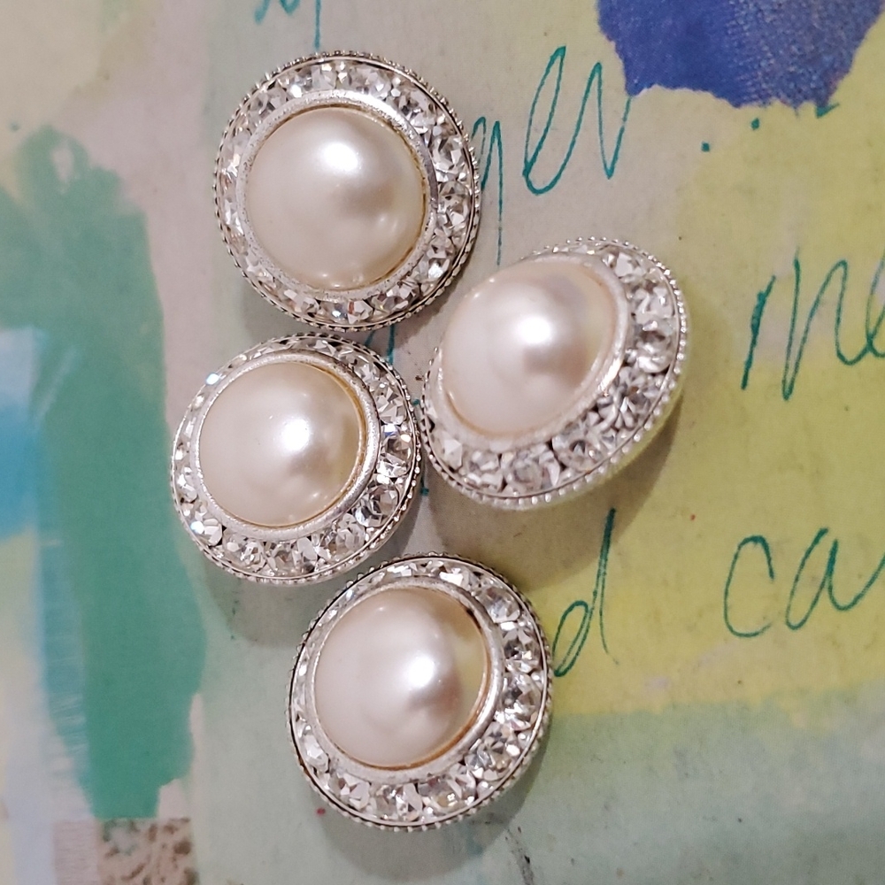 Set of 4 Faux pearl clear brilliant rhinestones silvertone shank buttons VINTAGE - Picture 4 of 5